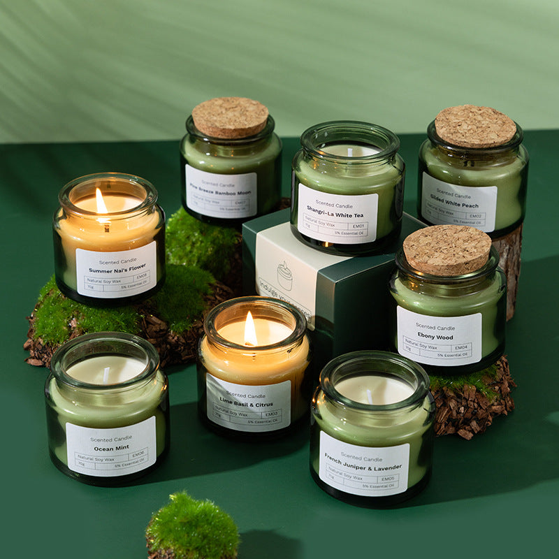 Soy wax scented candle in green glass jar