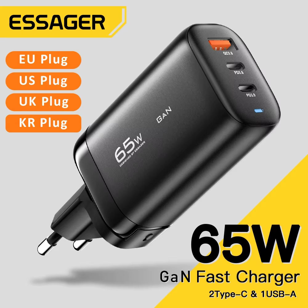 Essager 65W GaN Fast Charger — Compact Wall Charger for Phone, Laptop &amp; Tablet